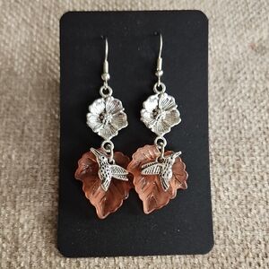 Silver Floral Hummingbird Drop Earrings in Brown